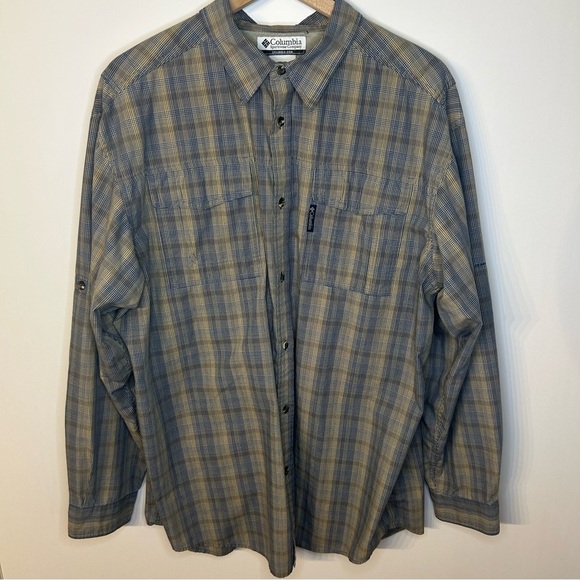 Columbia Men’s Tan and Navy Blue Plaid Button Down Collar Shirt, Size XL - Picture 1 of 9
